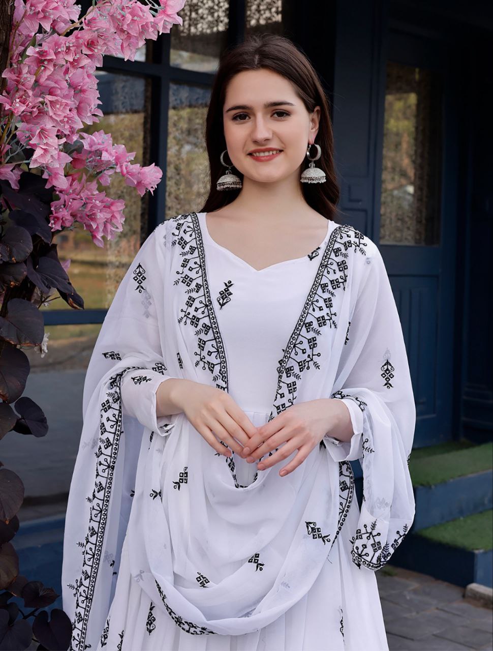 Designer White Anarkali Gown with Dupatta