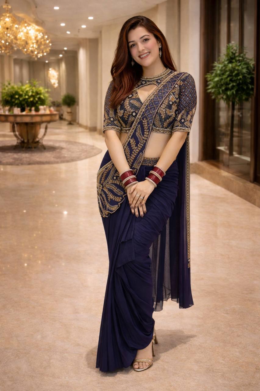 Dhoti Style Indo-Western Saree Set with Embroidery Work