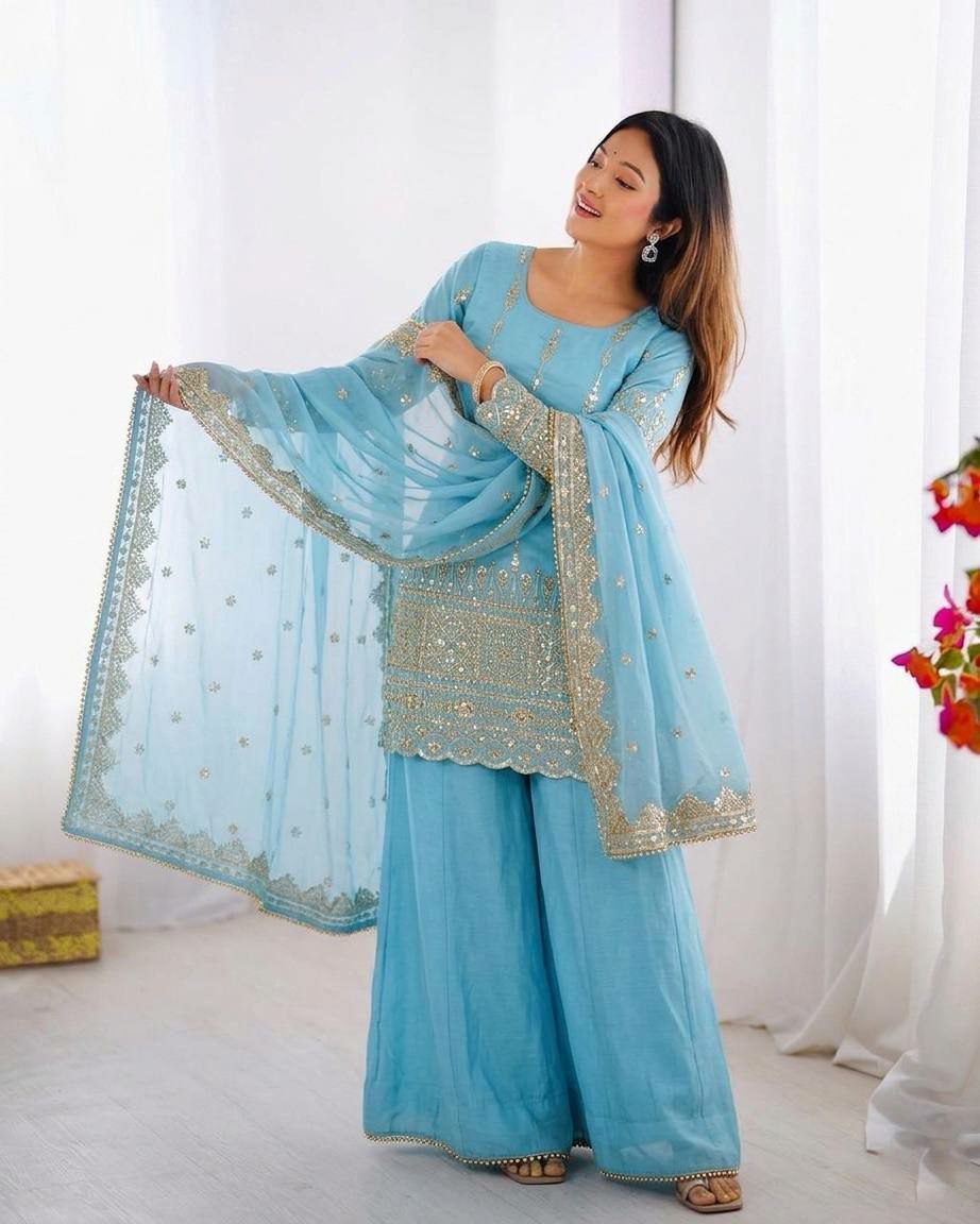 Elegant Vichitra Silk Embroidery Sharara Set with Dupatta