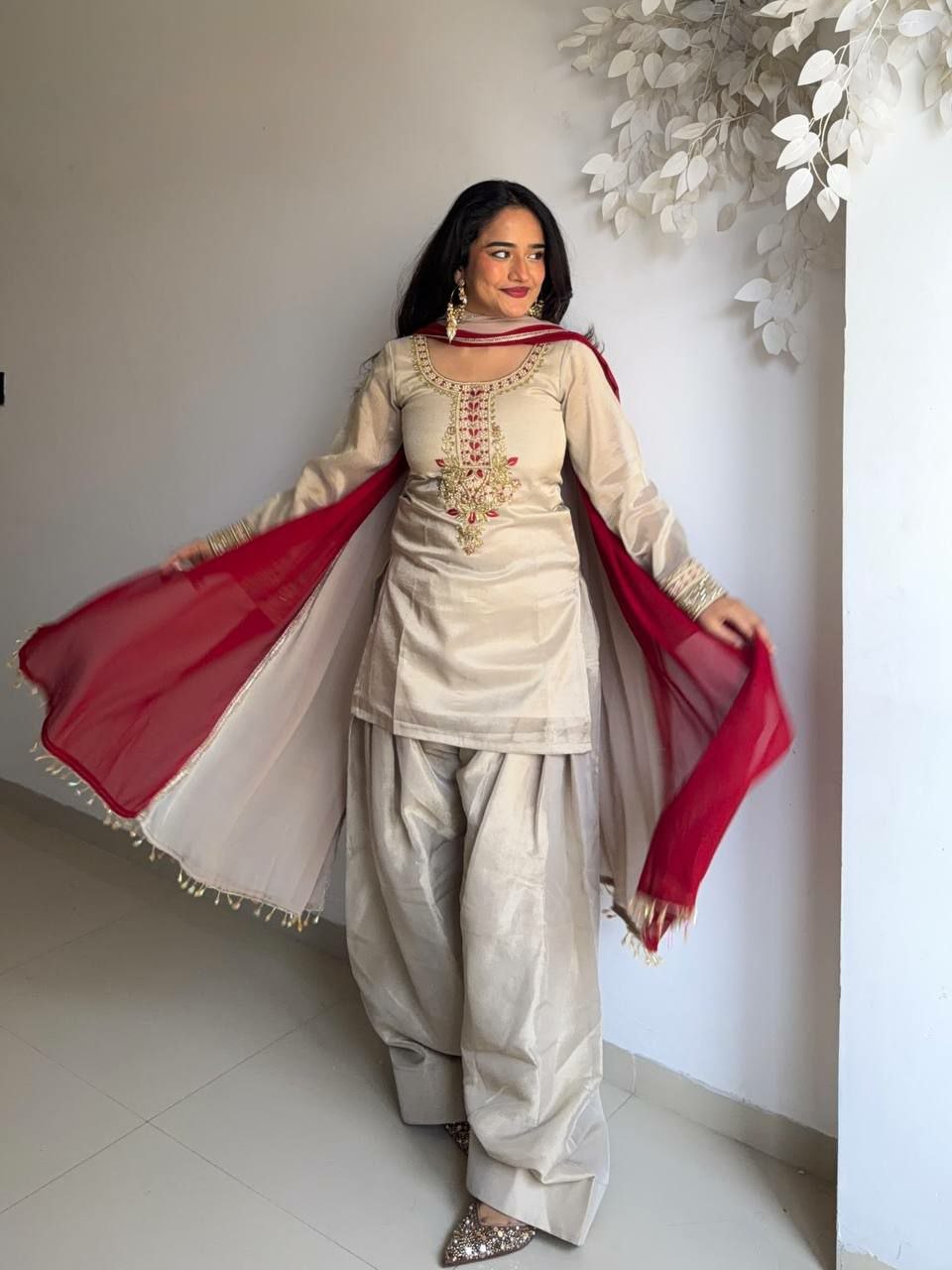 Elegant Organza Embroidered Kurti Set with Farshi Pant & Printed Dupatta