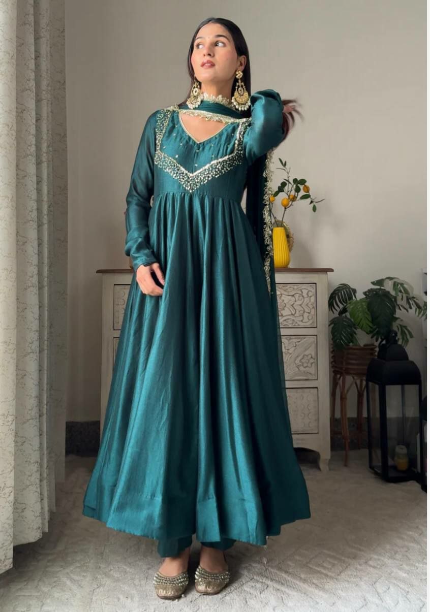 Designer Party Wear Georgette Gown with Pant & Embroidery Work