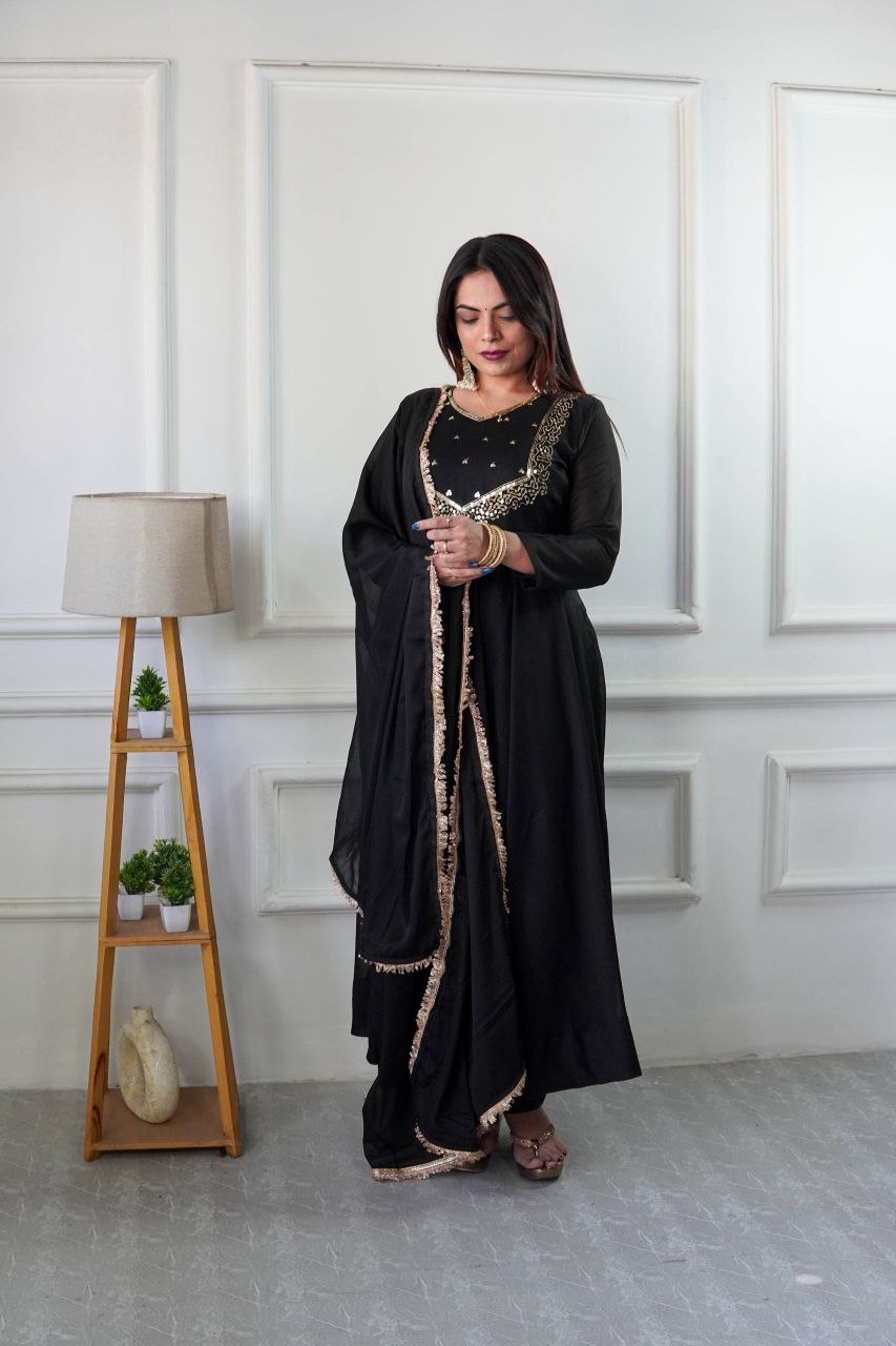 Elegant Star Georgette Embroidered Gown Set with Pant & Dupatta