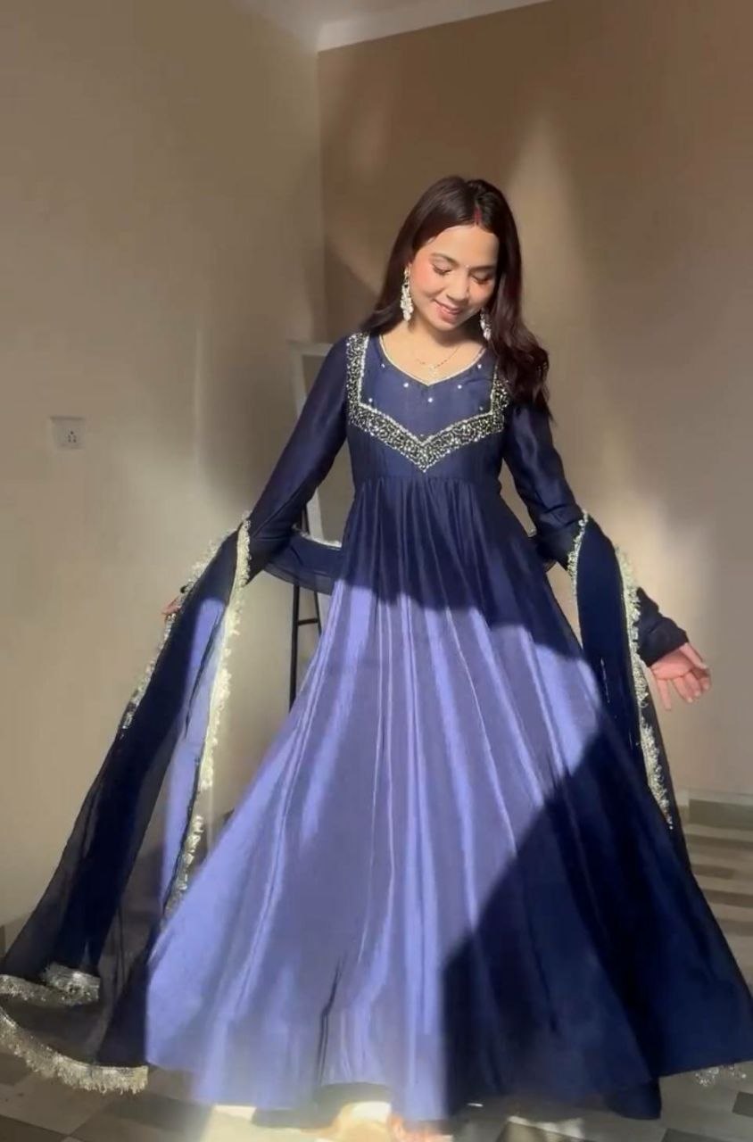 Premium Star Georgette Gown with Heavy Embroidery & Pant Set