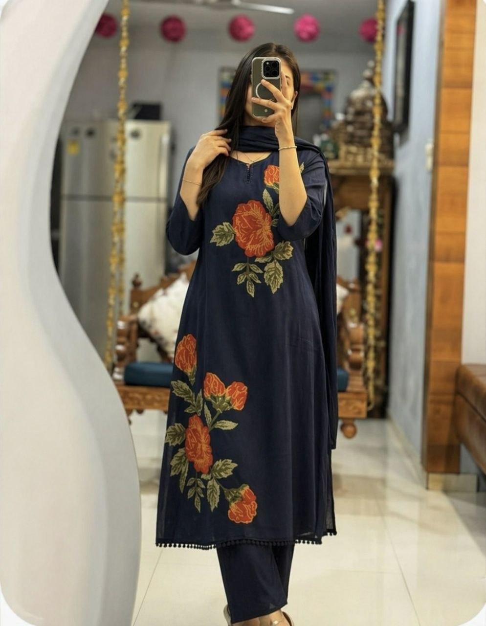Elegant Rose Embroidery Cotton Kurti Set with Pant & Dupatta