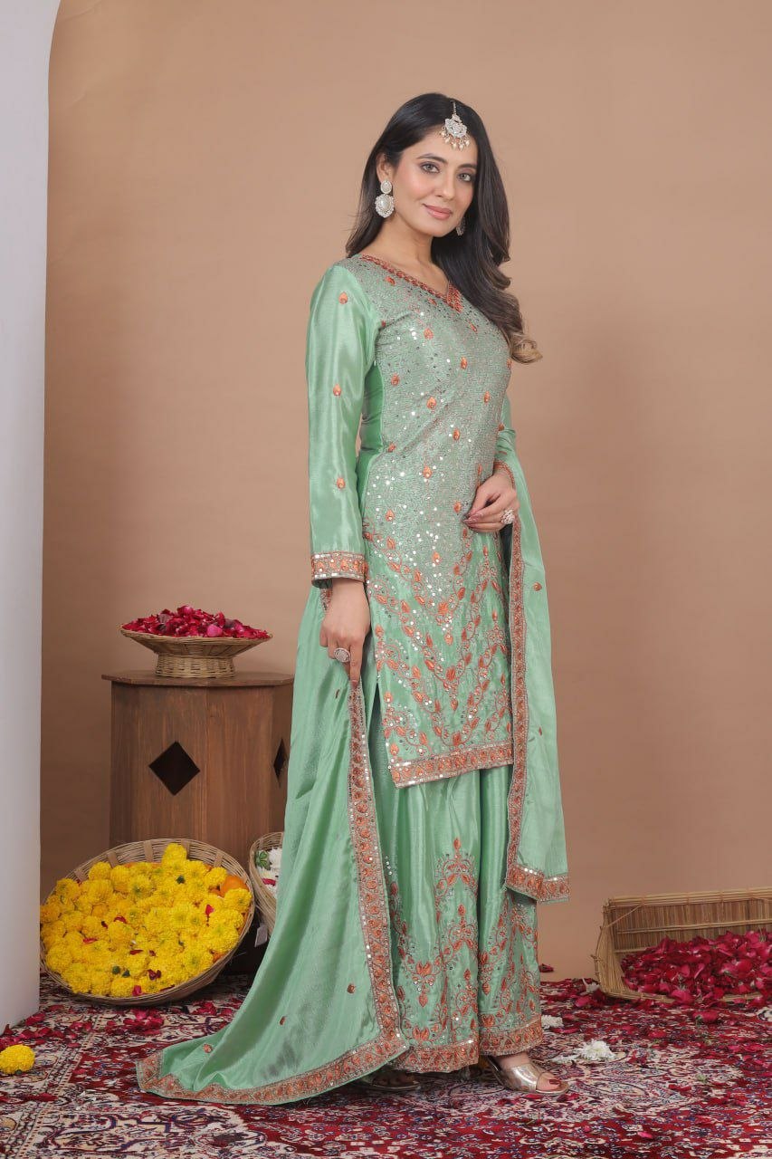 Elegant Chinon Embroidered Sharara Set with Dupatta