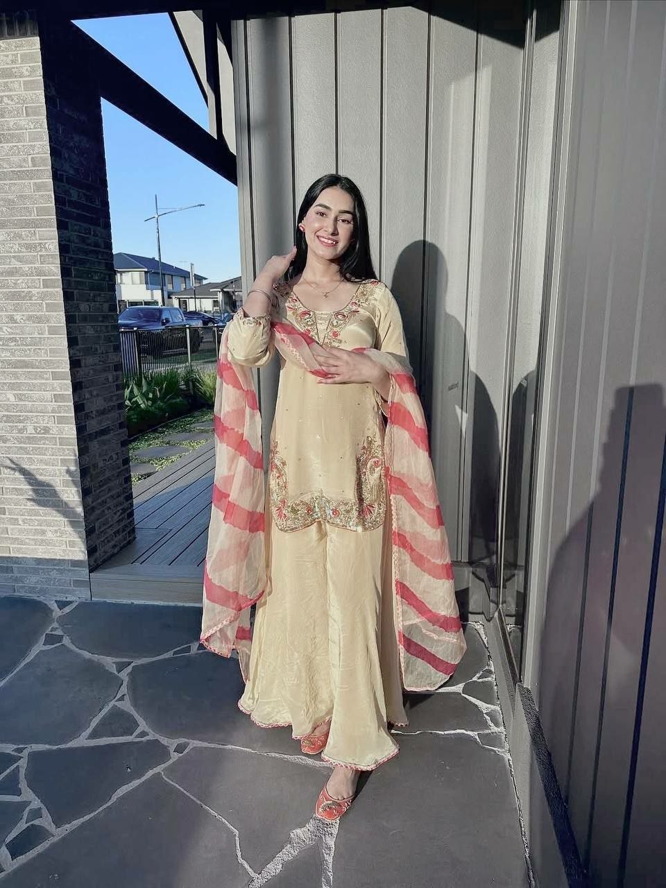 Elegant Crepe Silk Embroidered Kurti Set with Palazzo & Organza Dupatta