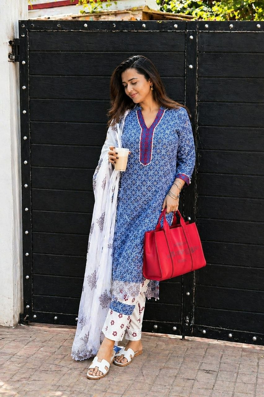 Elegant Printed Lilan Kurti Set with Pant, Dupatta & Bracelet