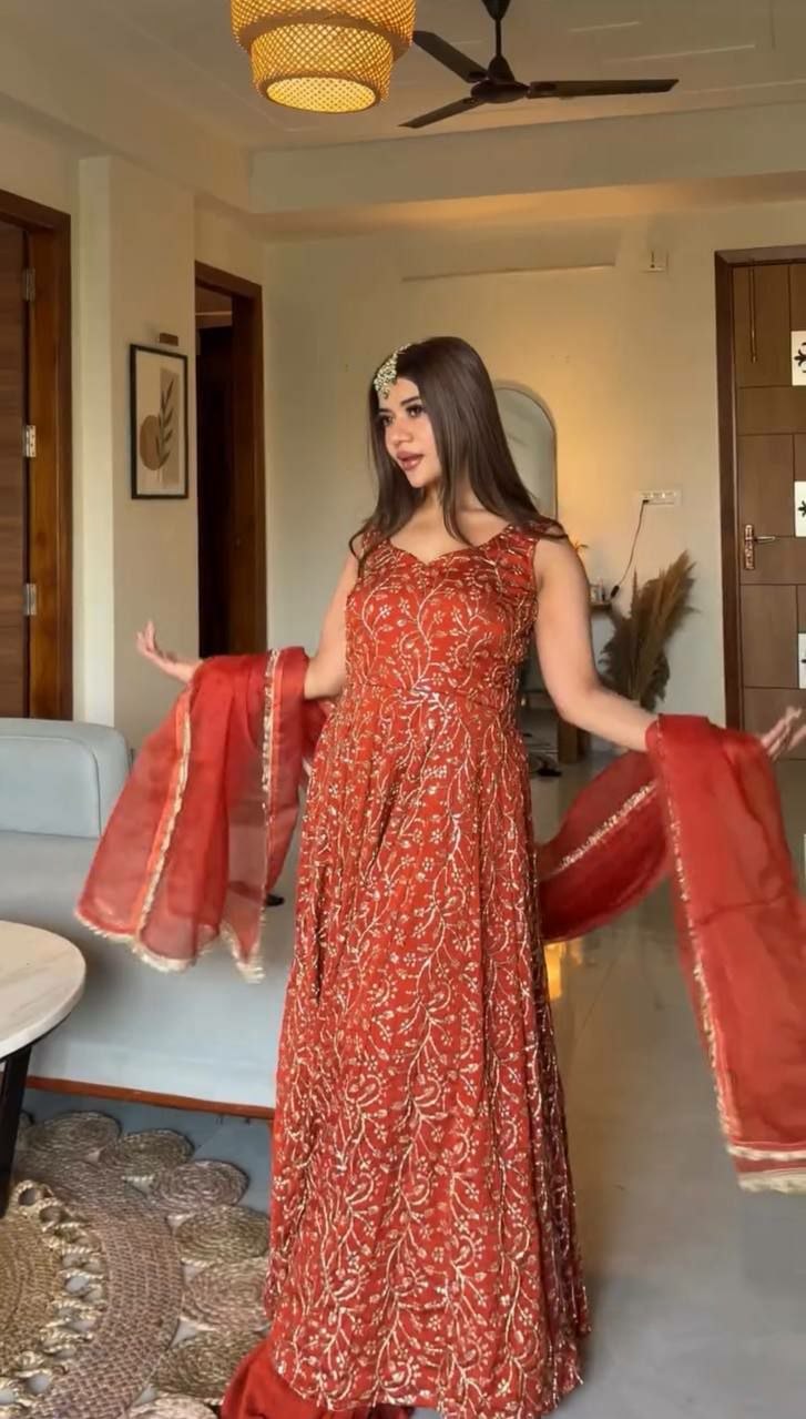 Elegant Georgette Embroidered Gown Set with Palazzo & Organza Dupatta