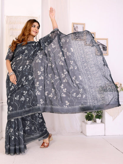 Charcoal Grey Floral Printed Chanderi Saree