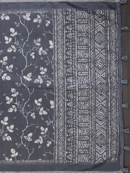 Charcoal Grey Floral Printed Chanderi Saree