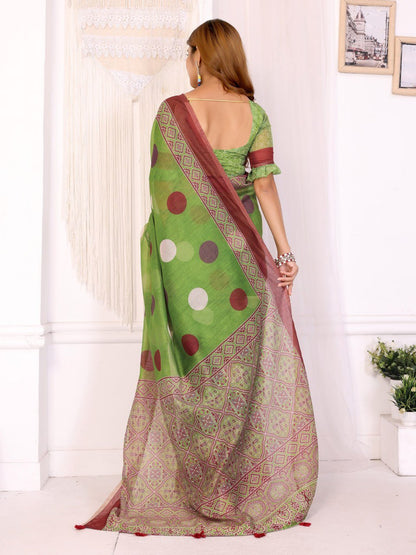 Green & Maroon Polka Dot Printed Chanderi Saree