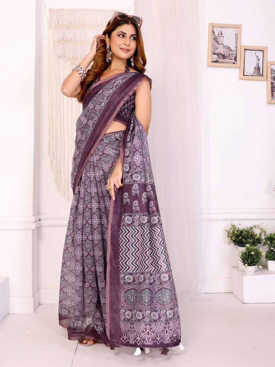 Wine Purple Traditional Printed Chanderi Saree