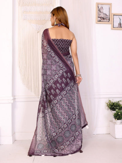Wine Purple Traditional Printed Chanderi Saree