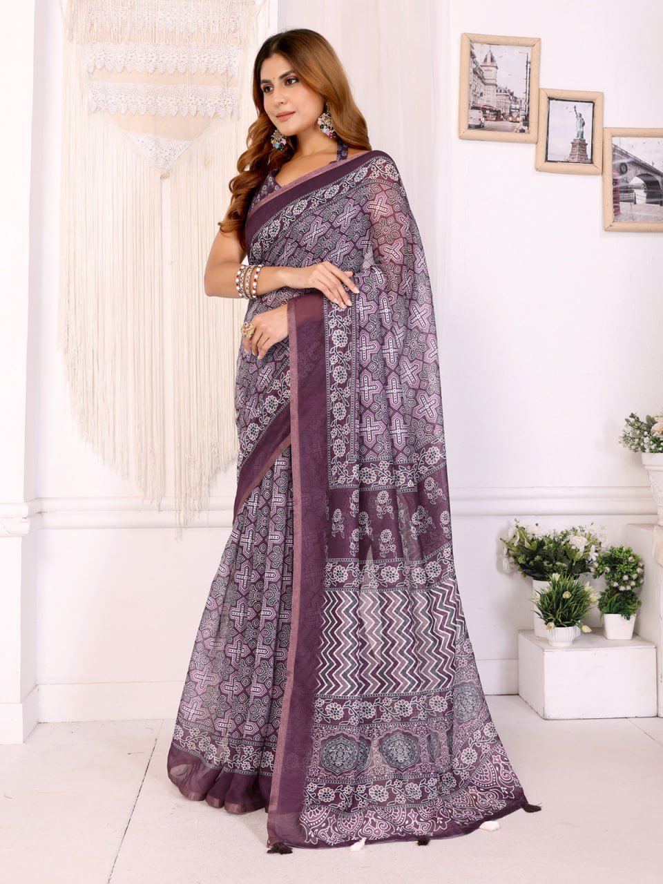 Wine Purple Traditional Printed Chanderi Saree
