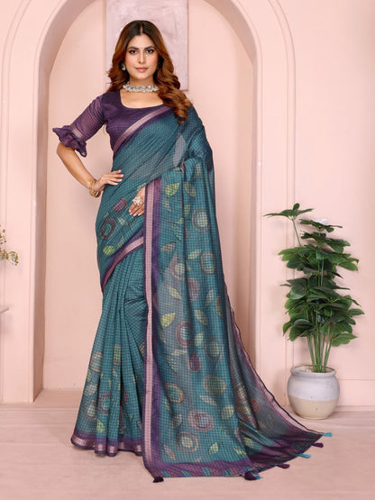 Teal Blue & Purple Black Chanderi Saree