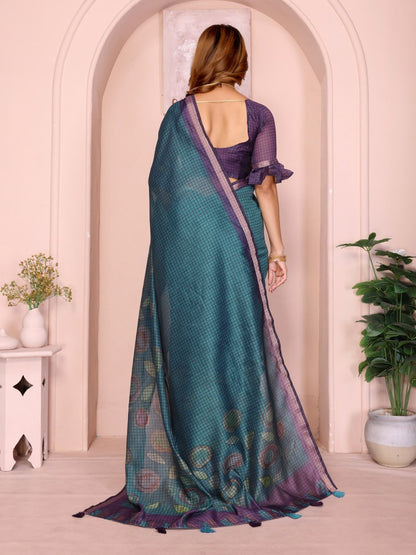 Teal Blue & Purple Black Chanderi Saree