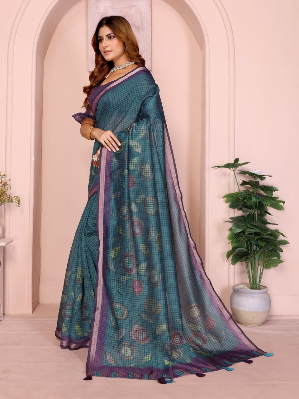 Teal Blue & Purple Black Chanderi Saree