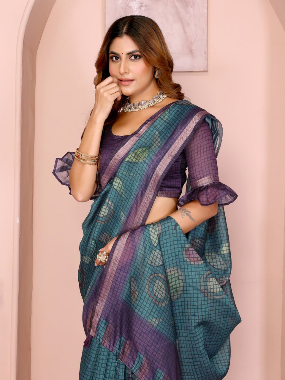 Teal Blue & Purple Black Chanderi Saree