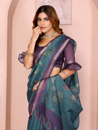 Teal Blue & Purple Black Chanderi Saree