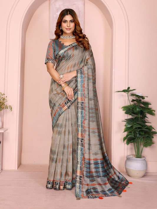Grey & Rust Patterned Black Chanderi Saree