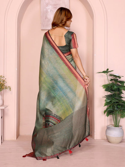 Green & Maroon Black Chanderi Saree