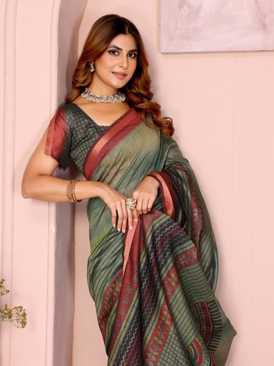 Green & Maroon Black Chanderi Saree
