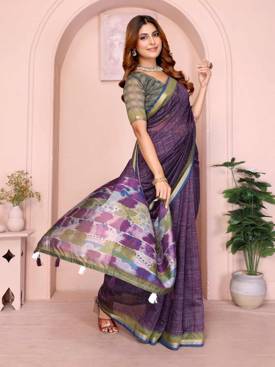 Purple & Green Black Chanderi Saree