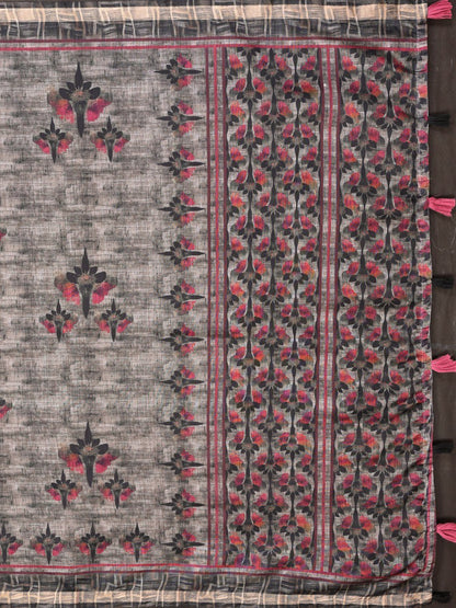 Grey & Black Floral Black Chanderi Saree