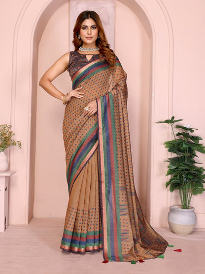 Mustard Brown Geometric Black Chanderi Saree