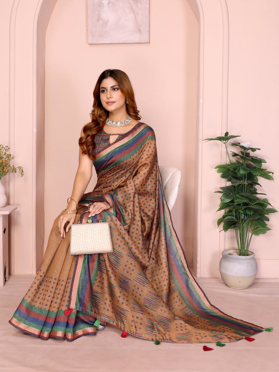 Mustard Brown Geometric Black Chanderi Saree