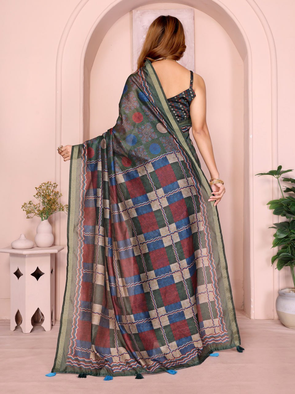 Dark Green Multicolor Checkered Black Chanderi