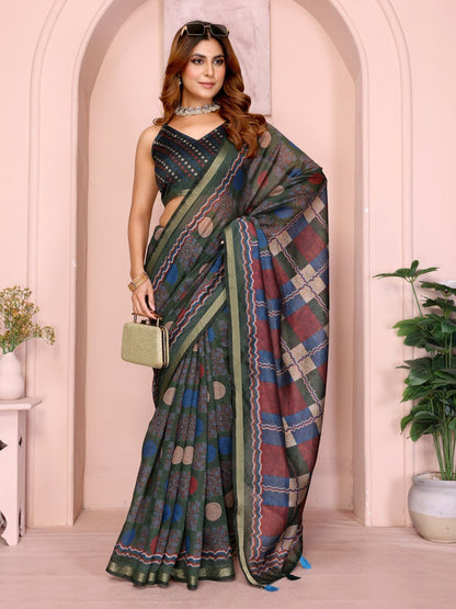 Dark Green Multicolor Checkered Black Chanderi