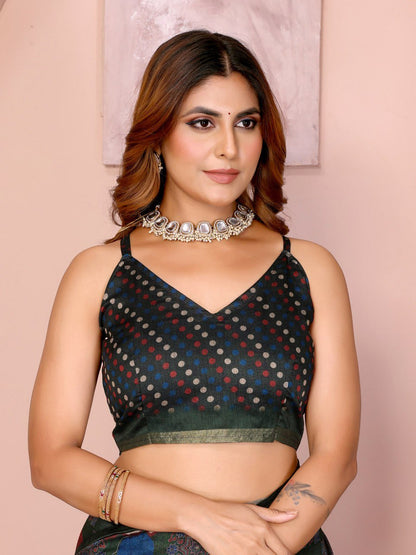 Dark Green Multicolor Checkered Black Chanderi