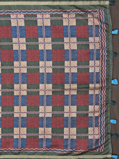 Dark Green Multicolor Checkered Black Chanderi