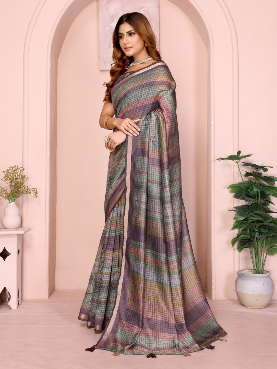 Pastel Multicolor Checked Black Chanderi Saree