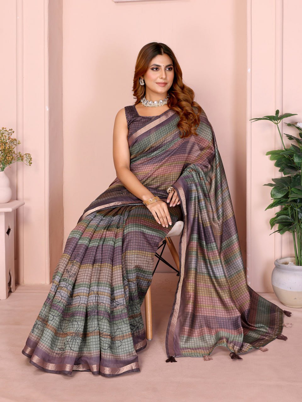 Pastel Multicolor Checked Black Chanderi Saree