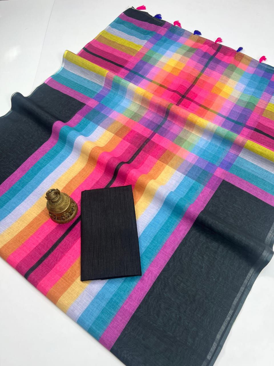 Elegant Multicolor Check Linen Cotton Saree with Rich Contrast Border