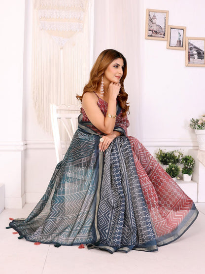 Multicolor Geometric Printed Chanderi Saree
