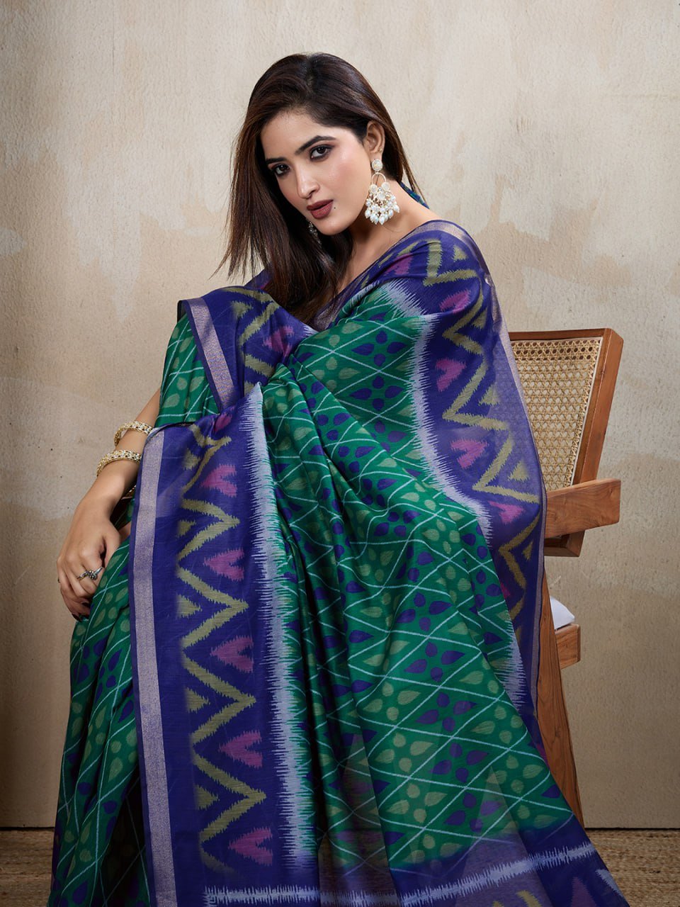 Blue & Green Ikat Printed Chanderi Saree