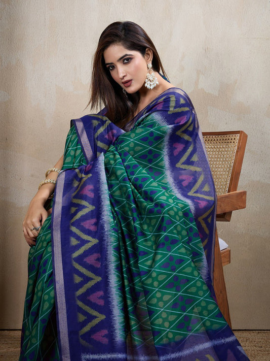 Blue & Green Ikat Printed Chanderi Saree