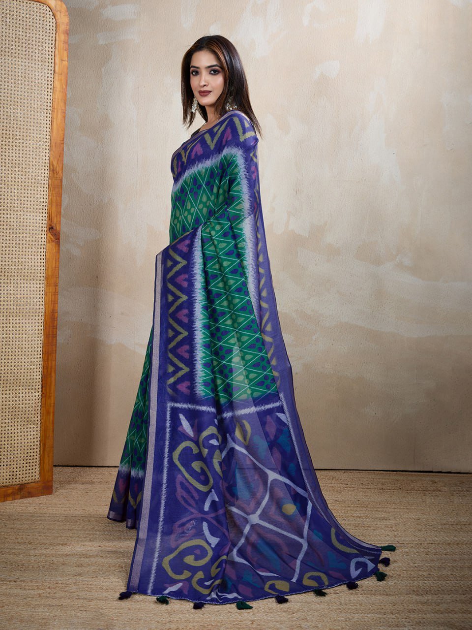 Blue & Green Ikat Printed Chanderi Saree