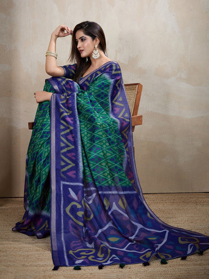 Blue & Green Ikat Printed Chanderi Saree