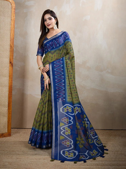 Olive Green & Blue Ikat Printed Chanderi Saree