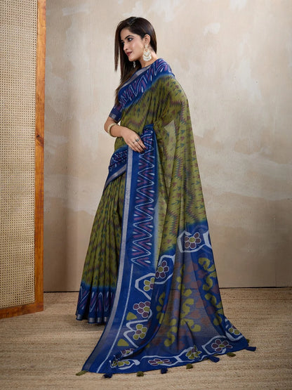 Olive Green & Blue Ikat Printed Chanderi Saree