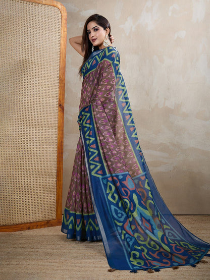 Brown & Blue Ikat Printed Chanderi Saree