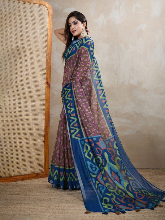 Brown & Blue Ikat Printed Chanderi Saree