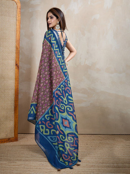 Brown & Blue Ikat Printed Chanderi Saree