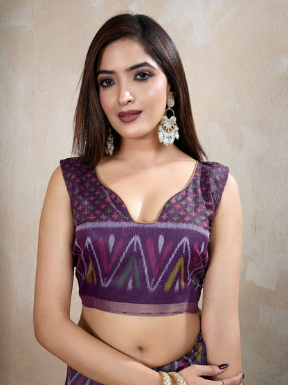 Olive & Purple Ikat Printed Chanderi Saree