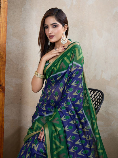 Green & Blue Ikat Printed Chanderi Saree