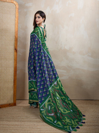 Green & Blue Ikat Printed Chanderi Saree